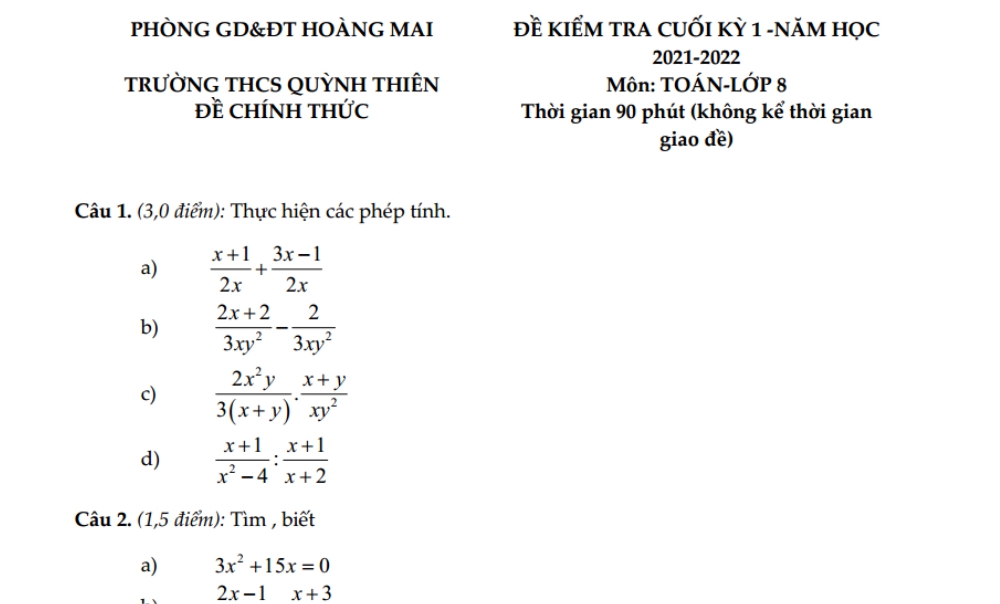 Toán 8. Đề thi giữa kỳ 1 Trường THCS Tây Sơn năm học 2020-2021